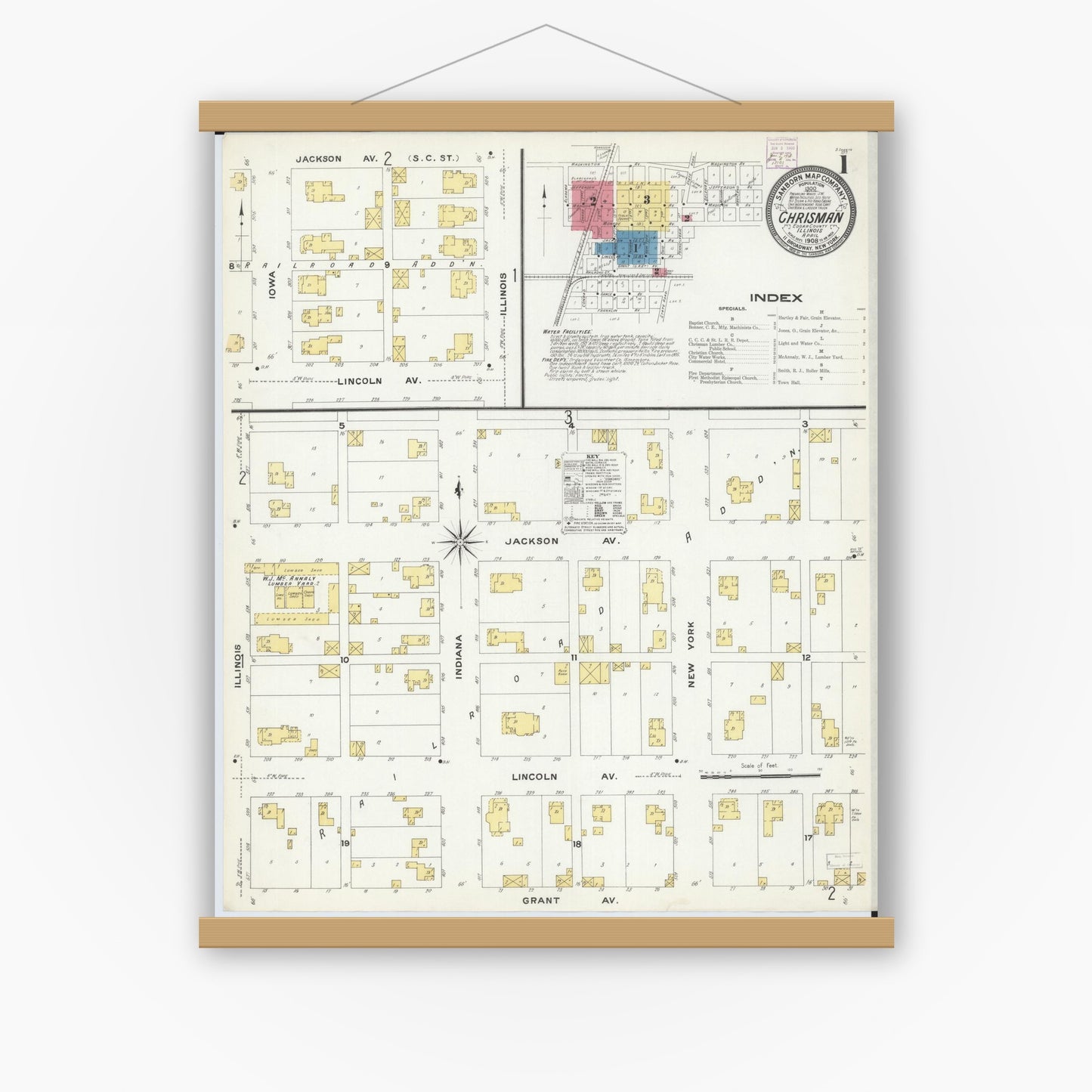 Old map wall art mockup — magnetic wood frame on white wall — Sanborn Fire Insurance Map from Chrisman, Edgar County, Illinois (1908) - Complete Map Set