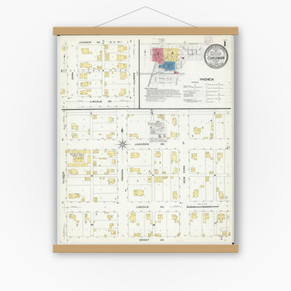 Old map wall art mockup — magnetic wood frame on white wall — Sanborn Fire Insurance Map from Chrisman, Edgar County, Illinois (1908) - Complete Map Set