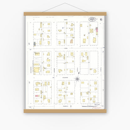 Old map wall art mockup — magnetic wood frame on white wall — Sanborn Fire Insurance Map from Gridley, Butte County, California (1909), Sheet #0006
