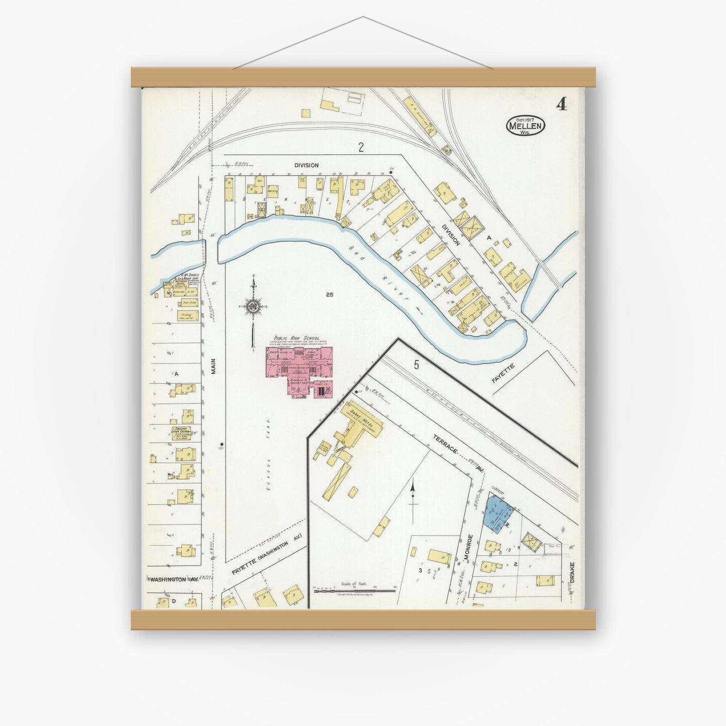 Old map wall art mockup — magnetic wood frame on white wall — Sanborn Fire Insurance Map from Mellen, Ashland County, Wisconsin (1917), Sheet #0004