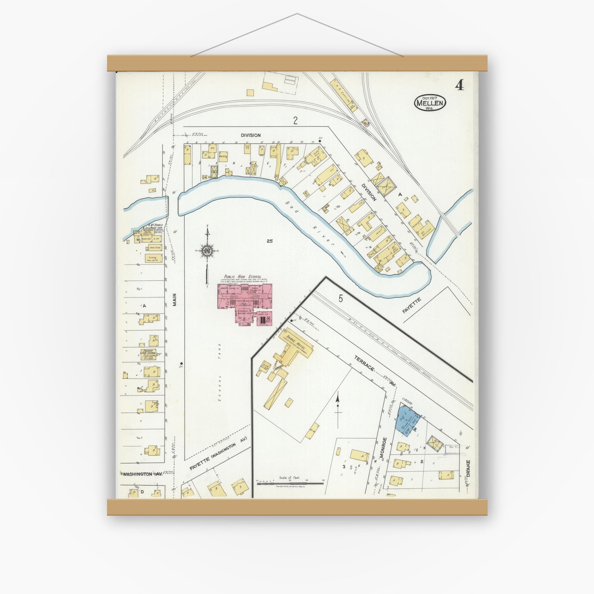 Old map wall art mockup — magnetic wood frame on white wall — Sanborn Fire Insurance Map from Mellen, Ashland County, Wisconsin (1917), Sheet #0004