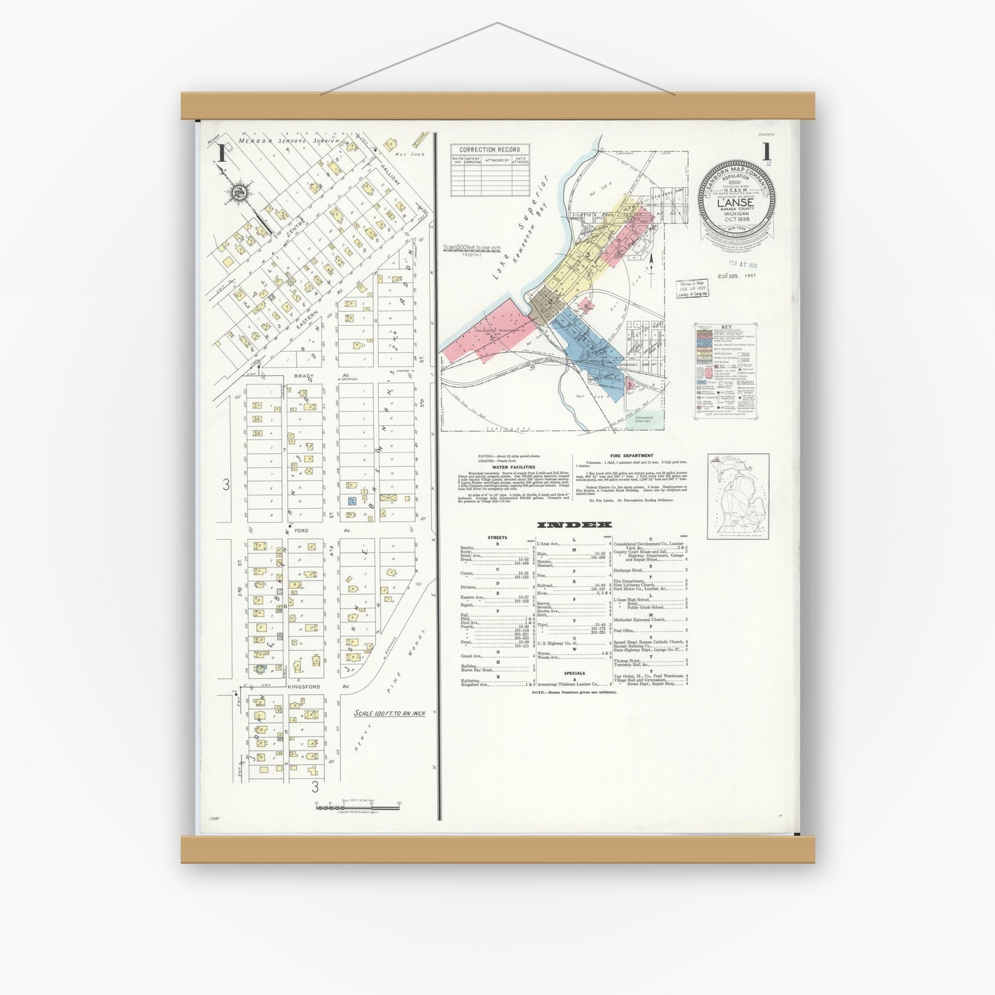 Old map wall art mockup — magnetic wood frame on white wall — Sanborn Fire Insurance Map from L'Anse, Baraga County, Michigan (1938) - Complete Map Set