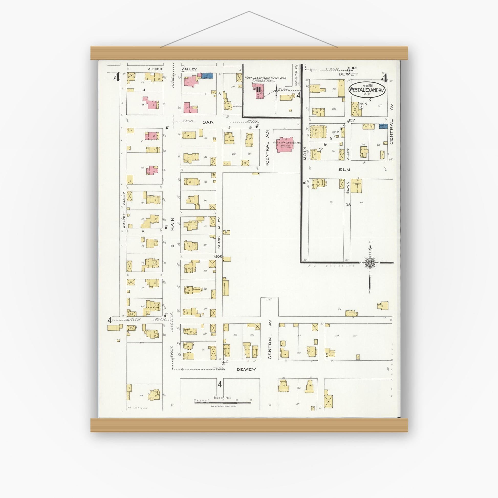 Old map wall art mockup — magnetic wood frame on white wall — Sanborn Fire Insurance Map from West Alexandria, Preble County, Ohio (1926), Sheet #0004