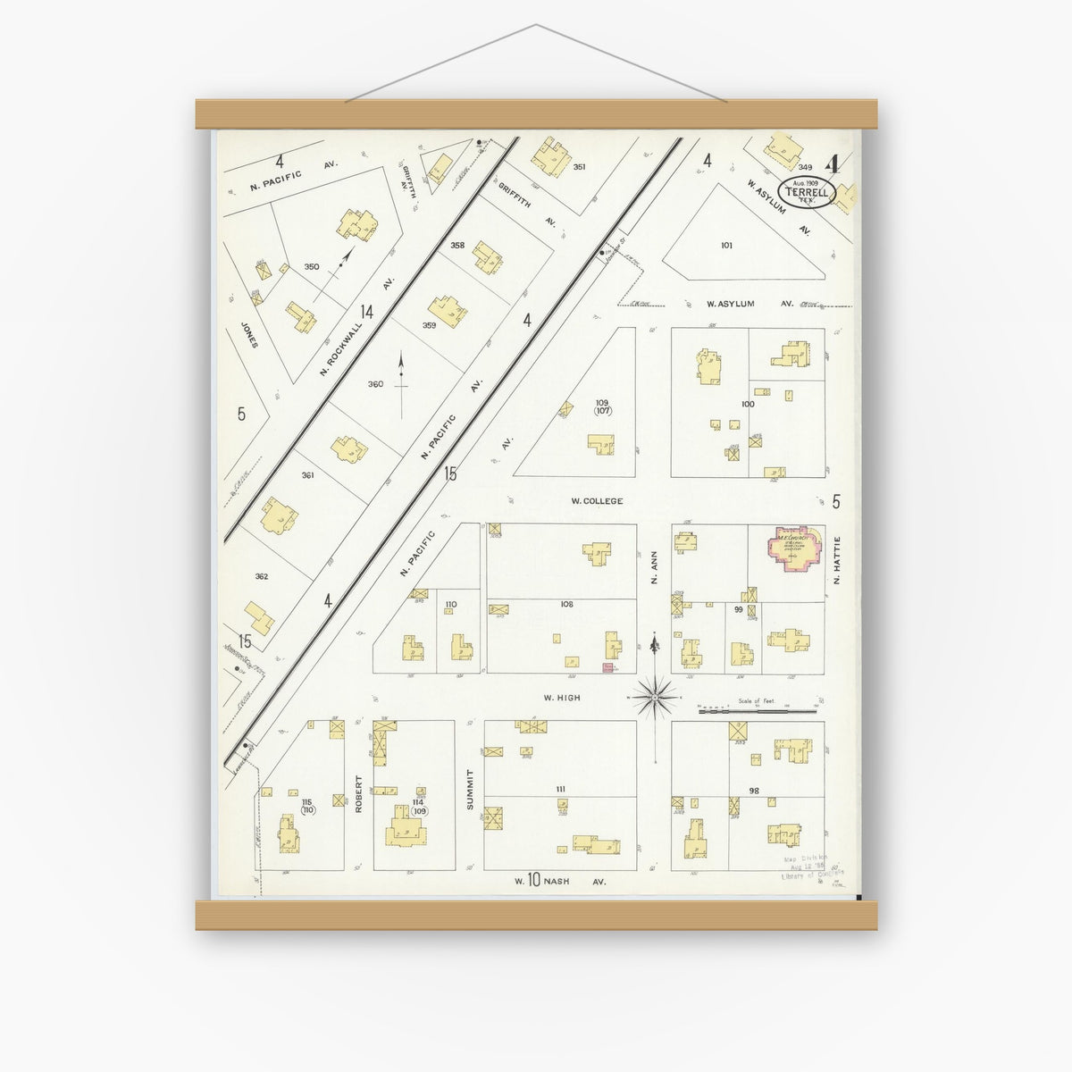 Old map wall art mockup — magnetic wood frame on white wall — Sanborn Fire Insurance Map from Terrell, Kaufman County, Texas (1909), Sheet #0004