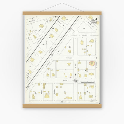 Old map wall art mockup — magnetic wood frame on white wall — Sanborn Fire Insurance Map from Terrell, Kaufman County, Texas (1909), Sheet #0004