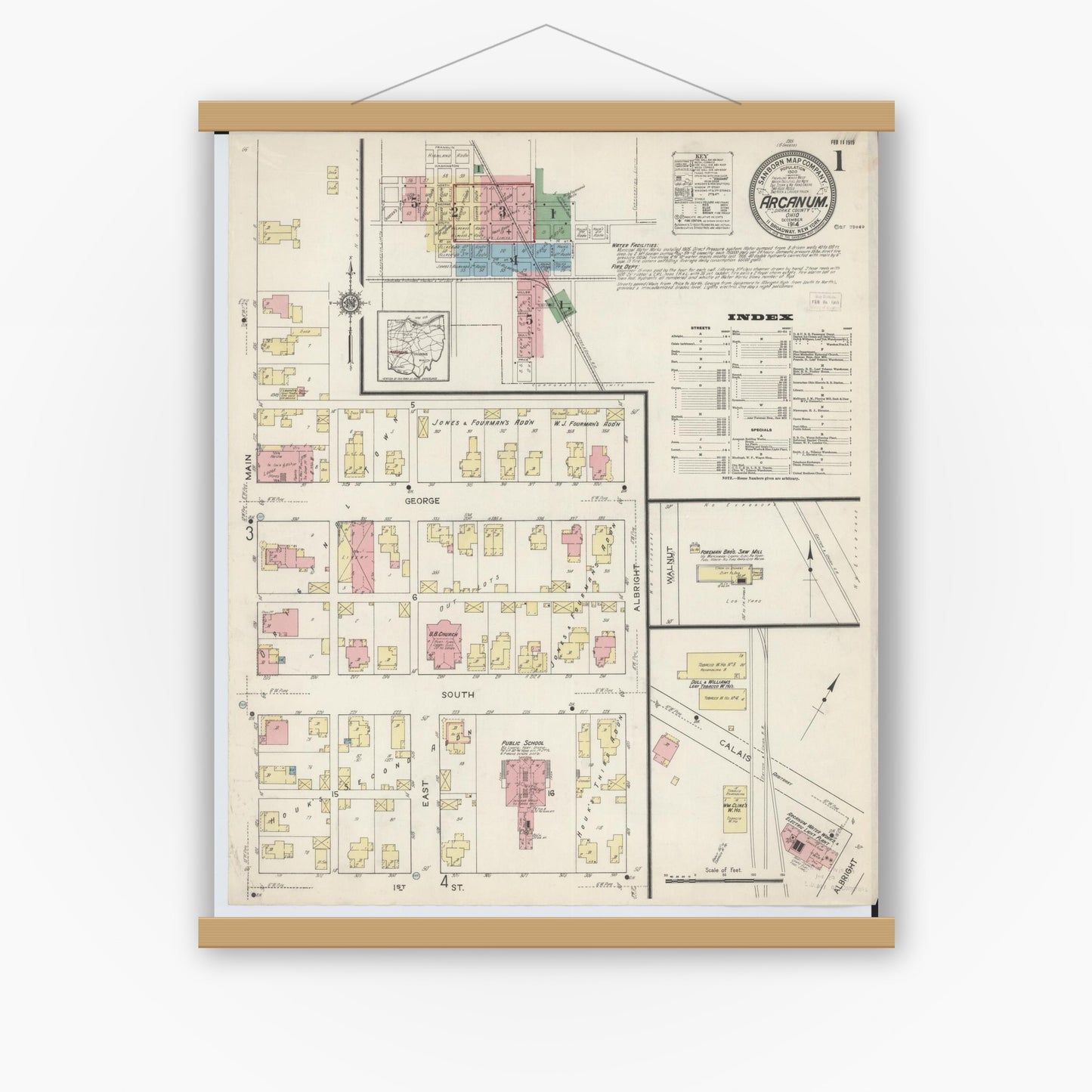 Old map wall art mockup — magnetic wood frame on white wall — Sanborn Fire Insurance Map from Arcanum, Darke County, Ohio (1914) - Complete Map Set