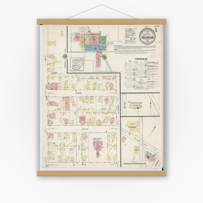 Old map wall art mockup — magnetic wood frame on white wall — Sanborn Fire Insurance Map from Arcanum, Darke County, Ohio (1914) - Complete Map Set