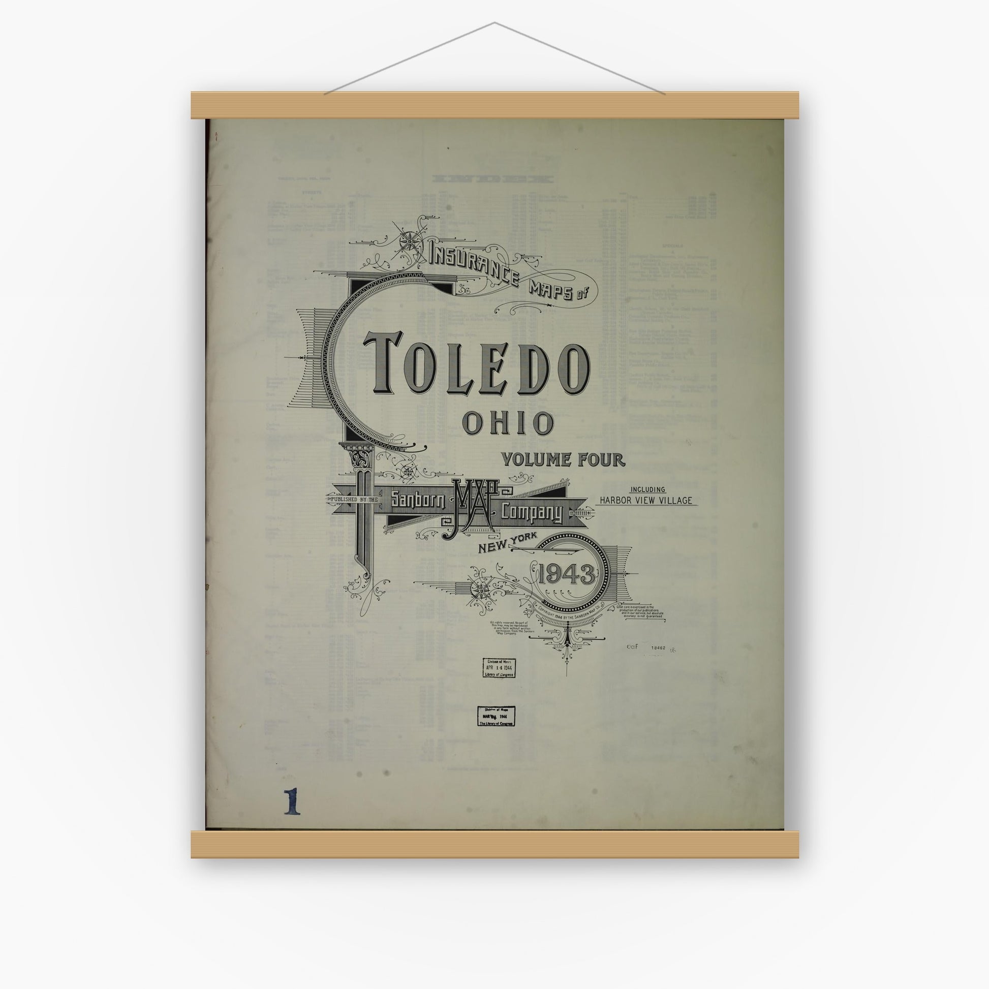 Old map wall art mockup — magnetic wood frame on white wall — Sanborn Fire Insurance Map from Toledo, Lucas County, Ohio (1943), Sheet #0001
