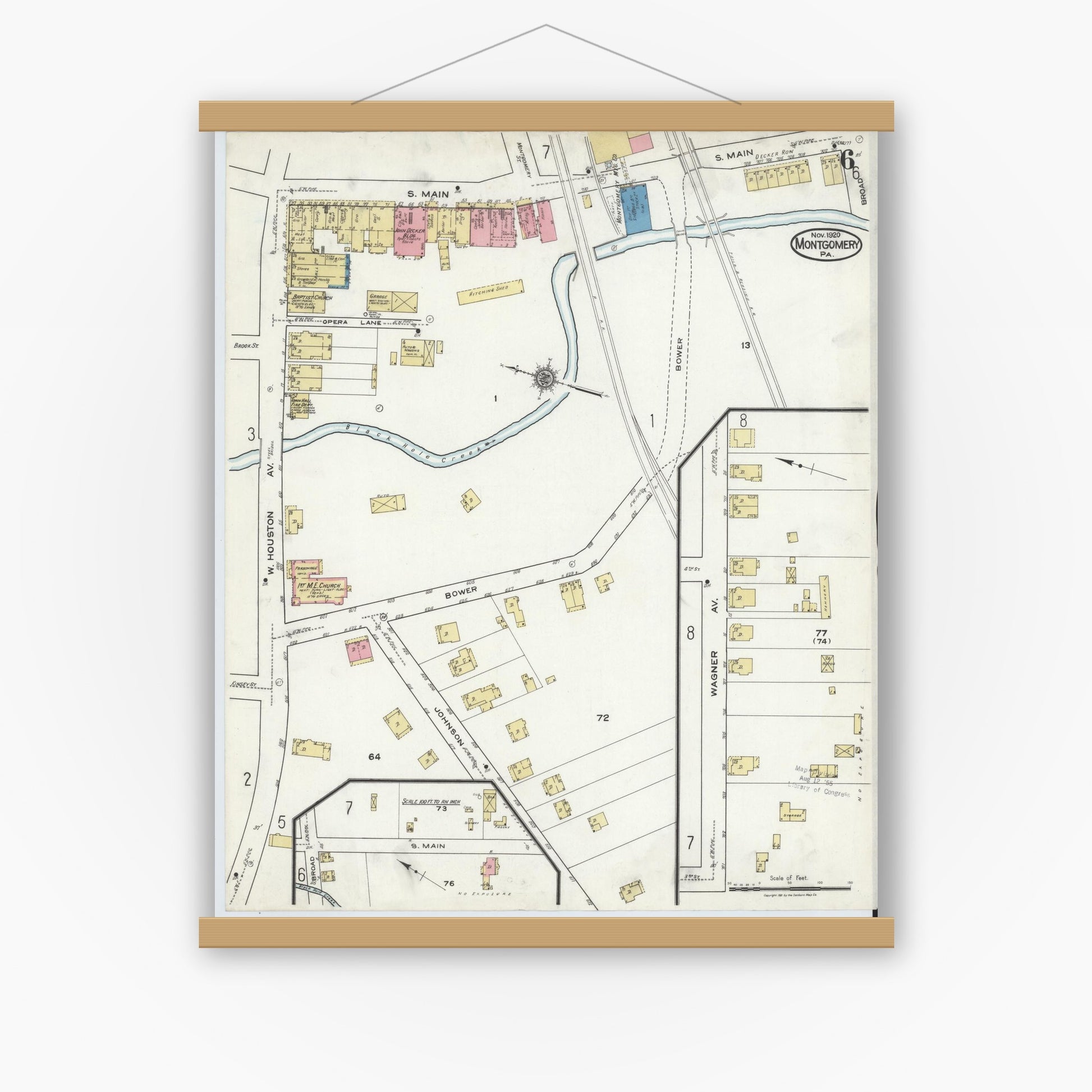 Old map wall art mockup — magnetic wood frame on white wall — Sanborn Fire Insurance Map from Montgomery, Lycoming County, Pennsylvania (1920), Sheet #0006
