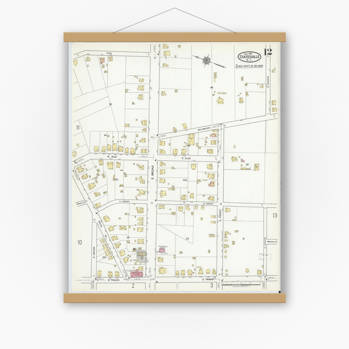 Old map wall art mockup — magnetic wood frame on white wall — Sanborn Fire Insurance Map from Statesville, Iredell County, North Carolina (1918), Sheet #0012