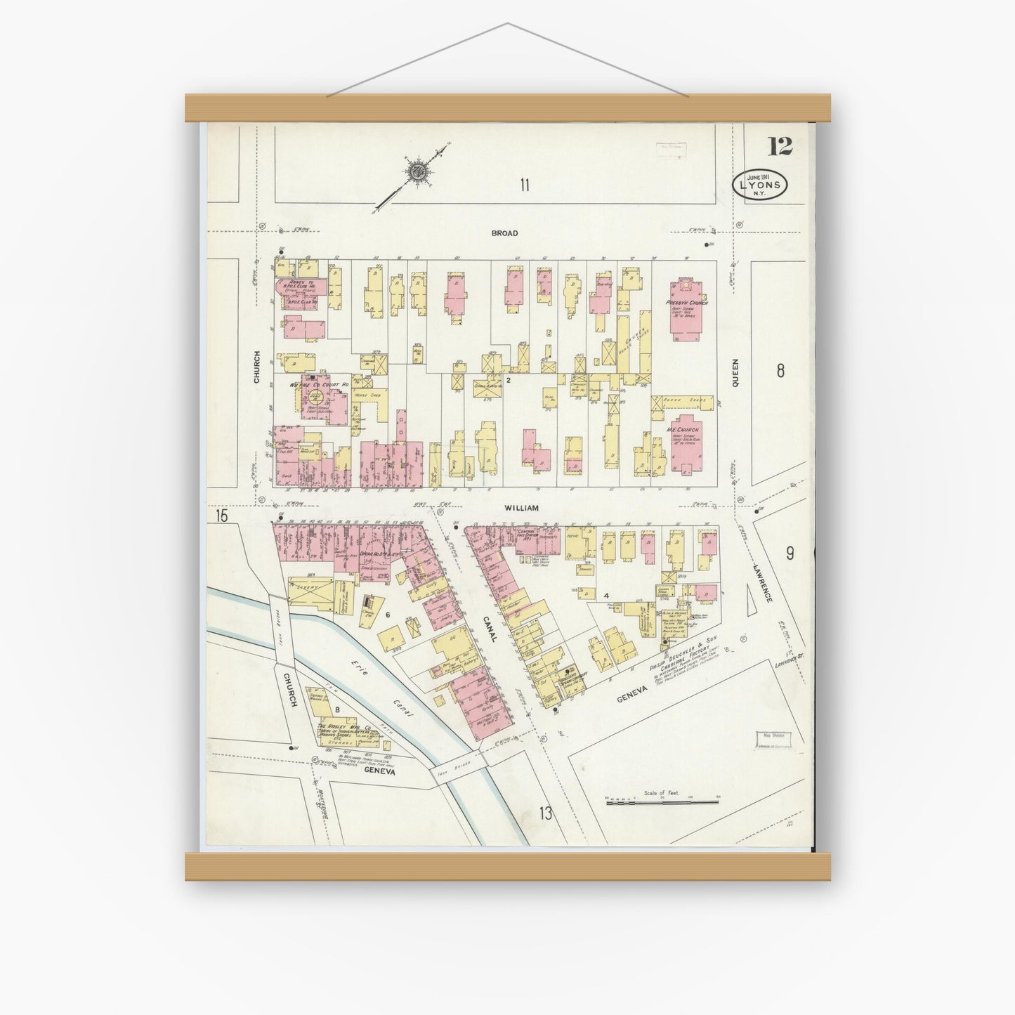 Old map wall art mockup — magnetic wood frame on white wall — Sanborn Fire Insurance Map from Lyons, Wayne County, New York (1911), Sheet #0012