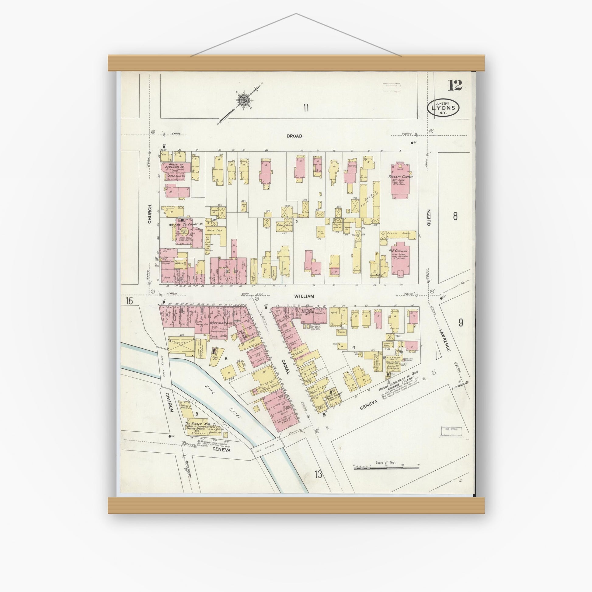 Old map wall art mockup — magnetic wood frame on white wall — Sanborn Fire Insurance Map from Lyons, Wayne County, New York (1911), Sheet #0012