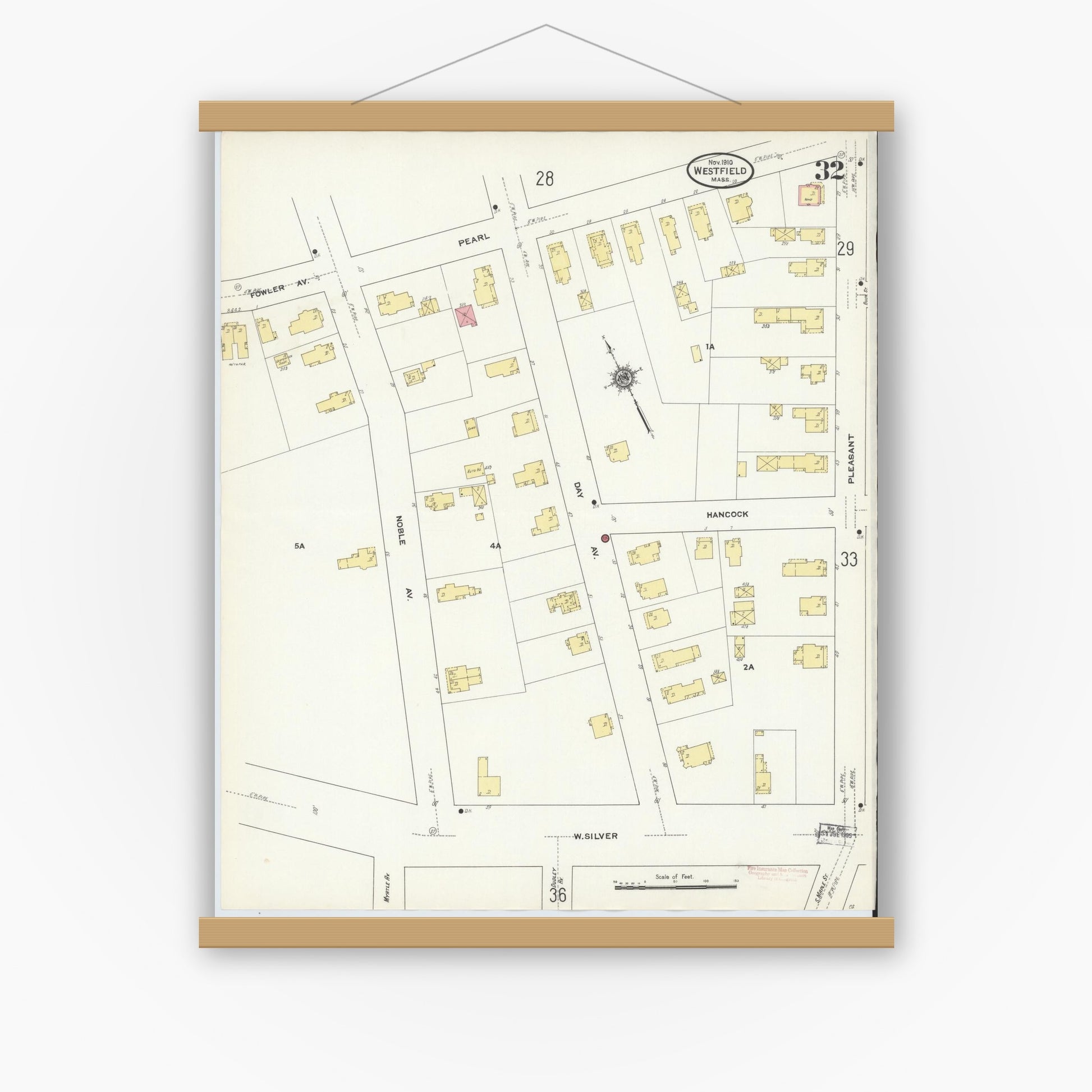 Old map wall art mockup — magnetic wood frame on white wall — Sanborn Fire Insurance Map from Westfield, Hampden County, Massachusetts (1910), Sheet #0032