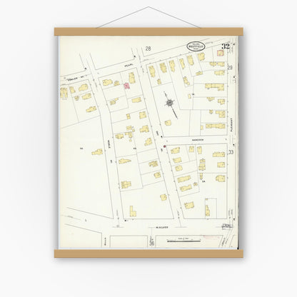 Old map wall art mockup — magnetic wood frame on white wall — Sanborn Fire Insurance Map from Westfield, Hampden County, Massachusetts (1910), Sheet #0032