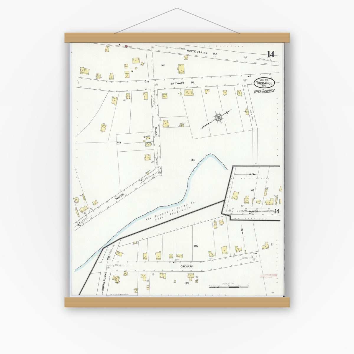 Old map wall art mockup — magnetic wood frame on white wall — Sanborn Fire Insurance Map from Tuckahoe, Westchester County, New York (1911), Sheet #0014