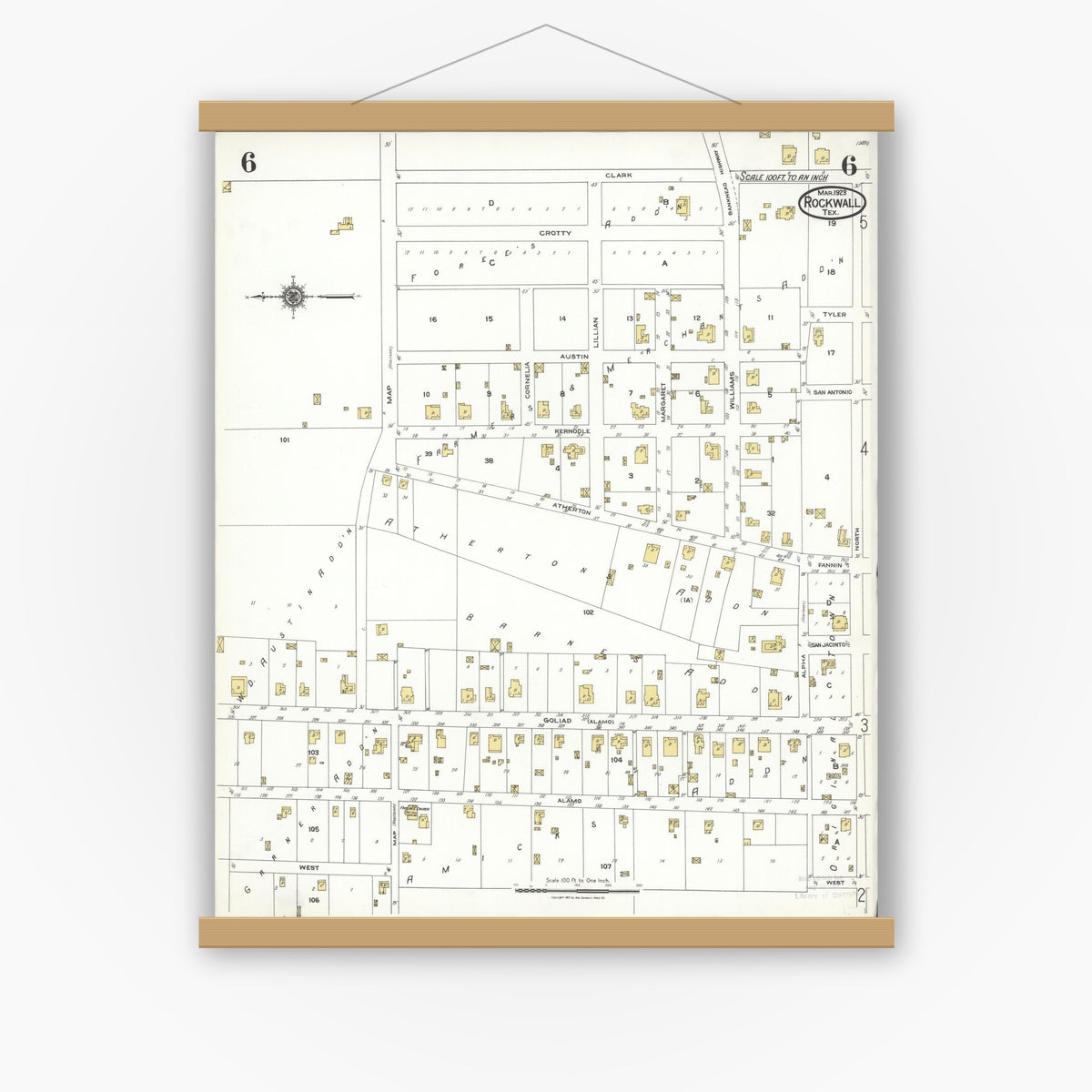 Old map wall art mockup — magnetic wood frame on white wall — Sanborn Fire Insurance Map from Rockwall, Rockwall County, Texas (1923), Sheet #0006