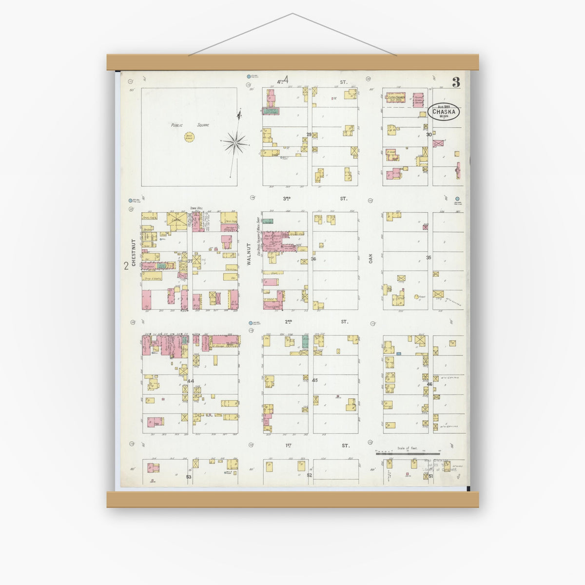 Old map wall art mockup — magnetic wood frame on white wall — Sanborn Fire Insurance Map from Chaska, Carver County, Minnesota (1899), Sheet #0003
