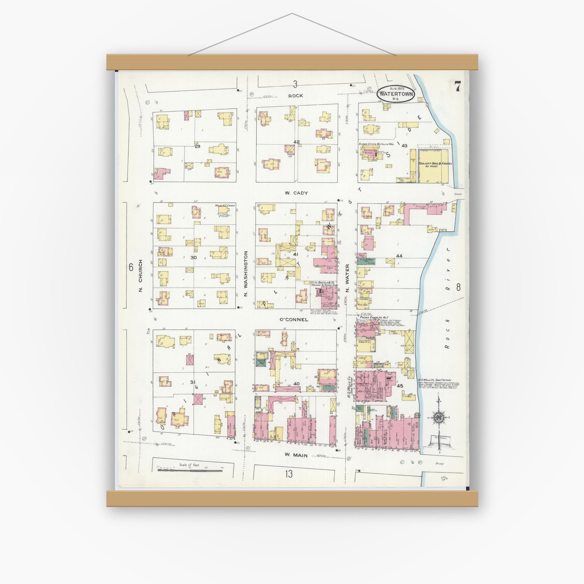 Old map wall art mockup — magnetic wood frame on white wall — Sanborn Fire Insurance Map from Watertown, Jefferson County, Wisconsin (1909), Sheet #0007