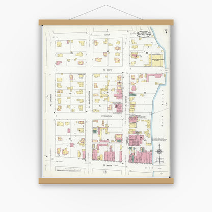 Old map wall art mockup — magnetic wood frame on white wall — Sanborn Fire Insurance Map from Watertown, Jefferson County, Wisconsin (1909), Sheet #0007