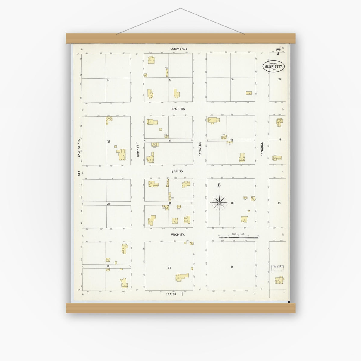 Old map wall art mockup — magnetic wood frame on white wall — Sanborn Fire Insurance Map from Henrietta, Clay County, Texas (1907), Sheet #0007