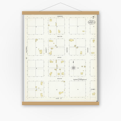 Old map wall art mockup — magnetic wood frame on white wall — Sanborn Fire Insurance Map from Henrietta, Clay County, Texas (1907), Sheet #0007
