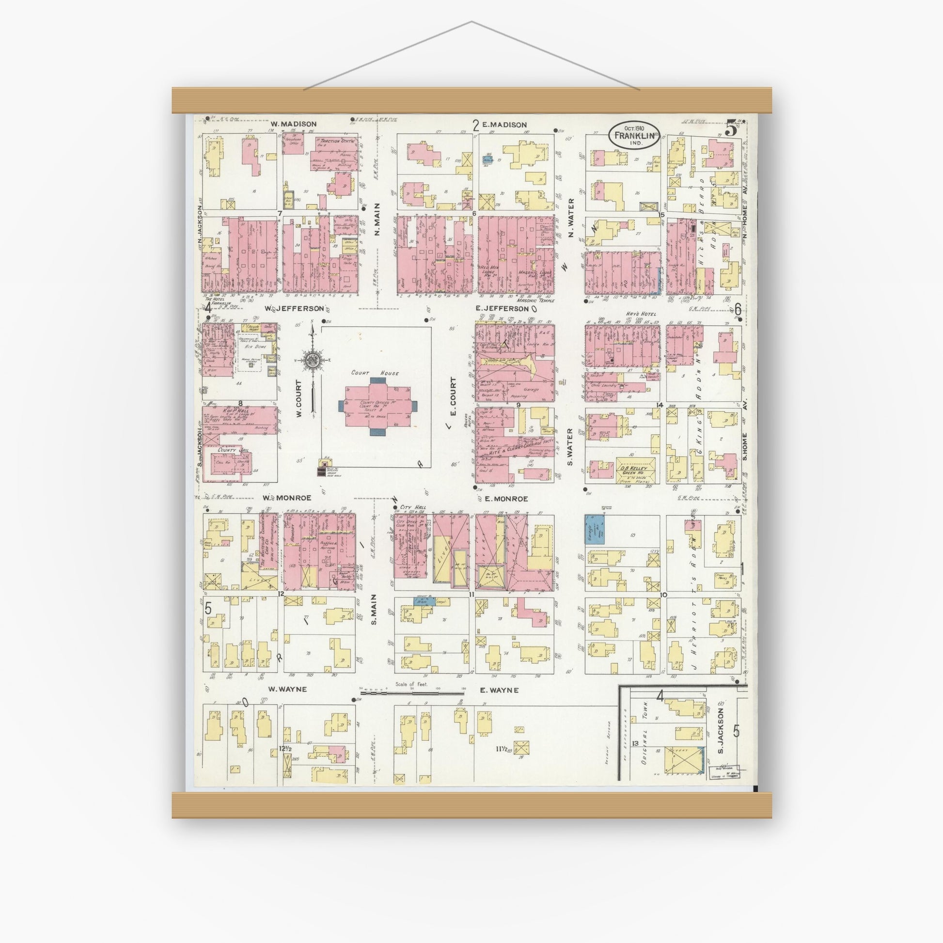 Old map wall art mockup — magnetic wood frame on white wall — Sanborn Fire Insurance Map from Franklin, Johnson County, Indiana (1910), Sheet #0005