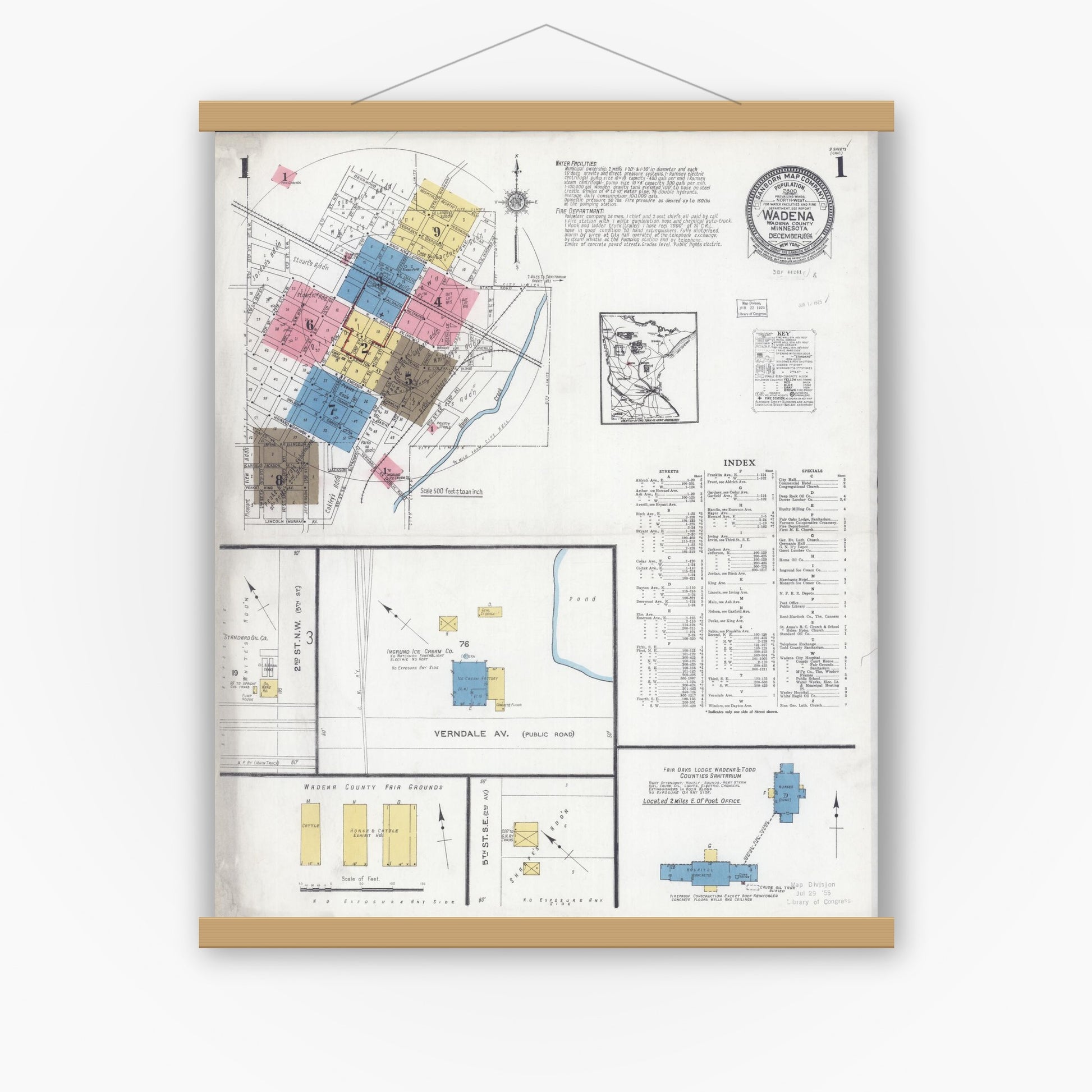 Old map wall art mockup — magnetic wood frame on white wall — Sanborn Fire Insurance Map from Wadena, Wadena County, Minnesota (1924) - Complete Map Set