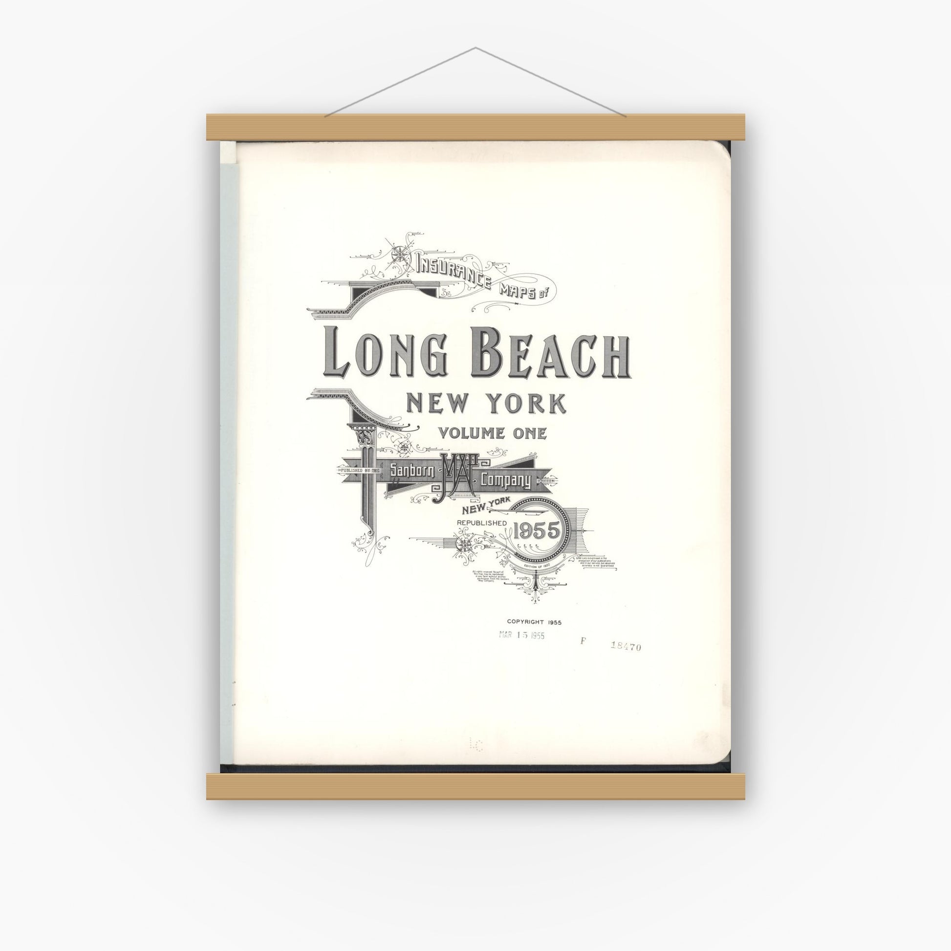 Old map wall art mockup — magnetic wood frame on white wall — Sanborn Fire Insurance Map from Long Beach, Nassau County, New York (1955), Sheet #0001