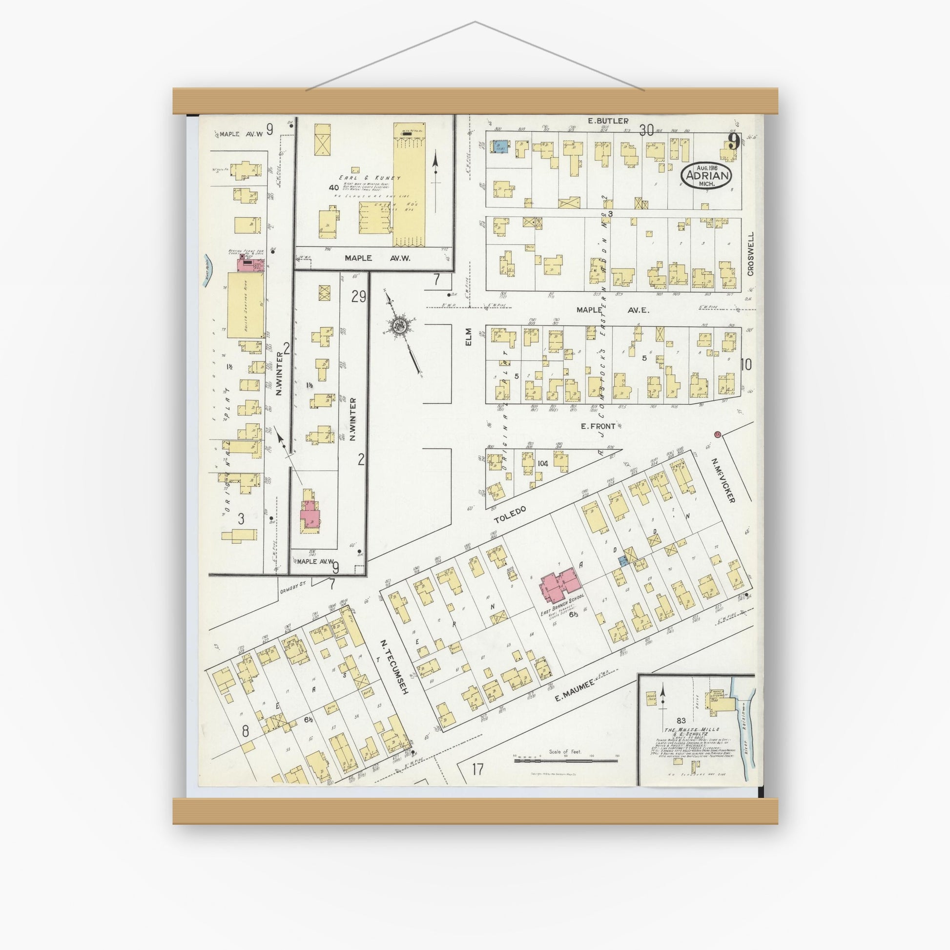 Old map wall art mockup — magnetic wood frame on white wall — Sanborn Fire Insurance Map from Adrian, Lenawee County, Michigan (1916), Sheet #0009