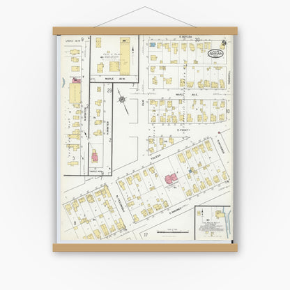 Old map wall art mockup — magnetic wood frame on white wall — Sanborn Fire Insurance Map from Adrian, Lenawee County, Michigan (1916), Sheet #0009