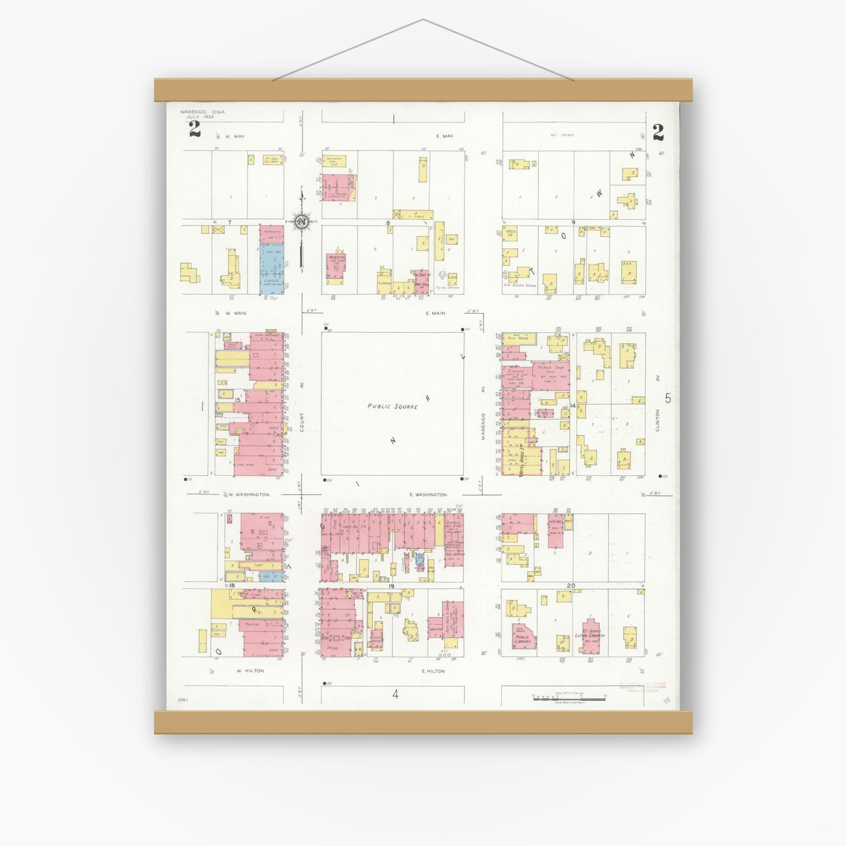Old map wall art mockup — magnetic wood frame on white wall — Sanborn Fire Insurance Map from Marengo, Iowa County, Iowa (1933), Sheet #0002