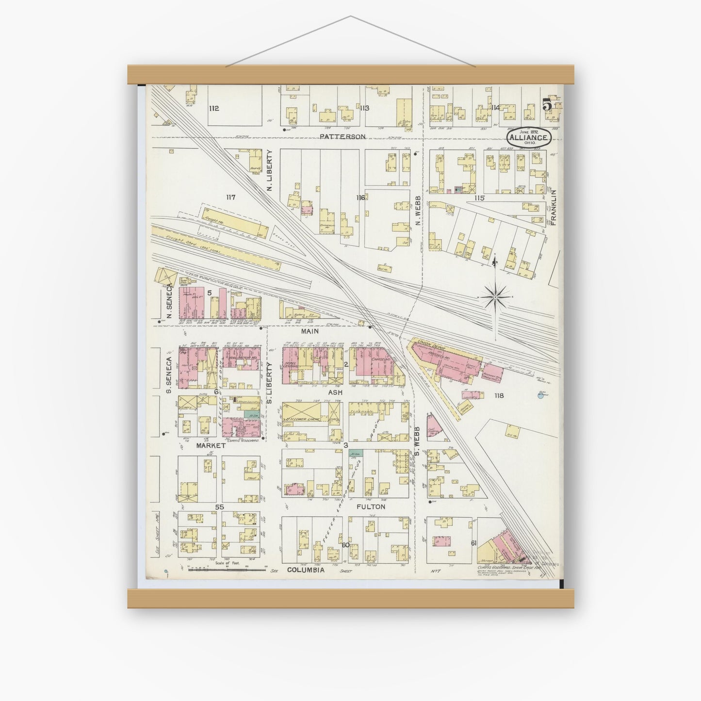 Old map wall art mockup — magnetic wood frame on white wall — Sanborn Fire Insurance Map from Alliance, Stark County, Ohio (1892), Sheet #0005