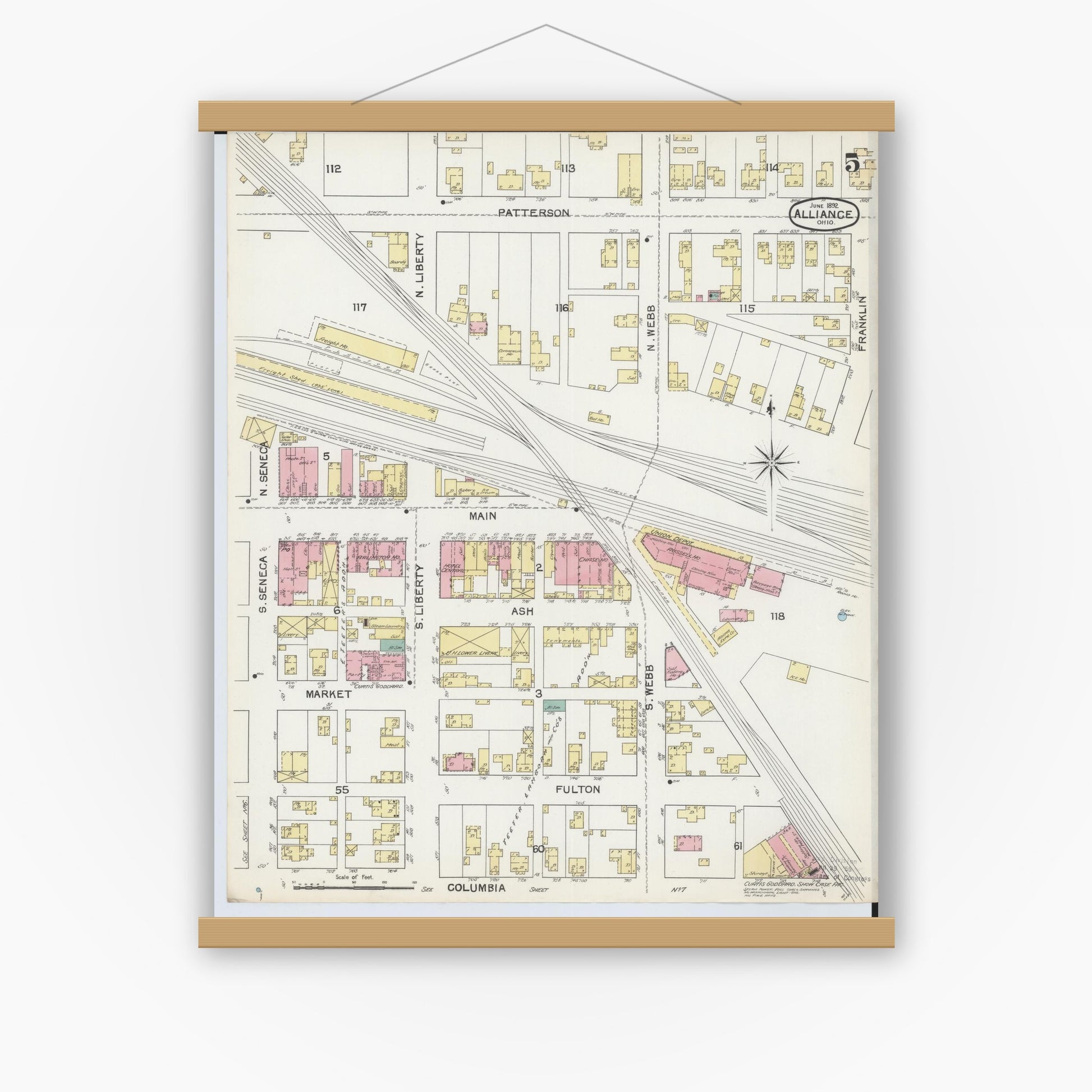 Old map wall art mockup — magnetic wood frame on white wall — Sanborn Fire Insurance Map from Alliance, Stark County, Ohio (1892), Sheet #0005