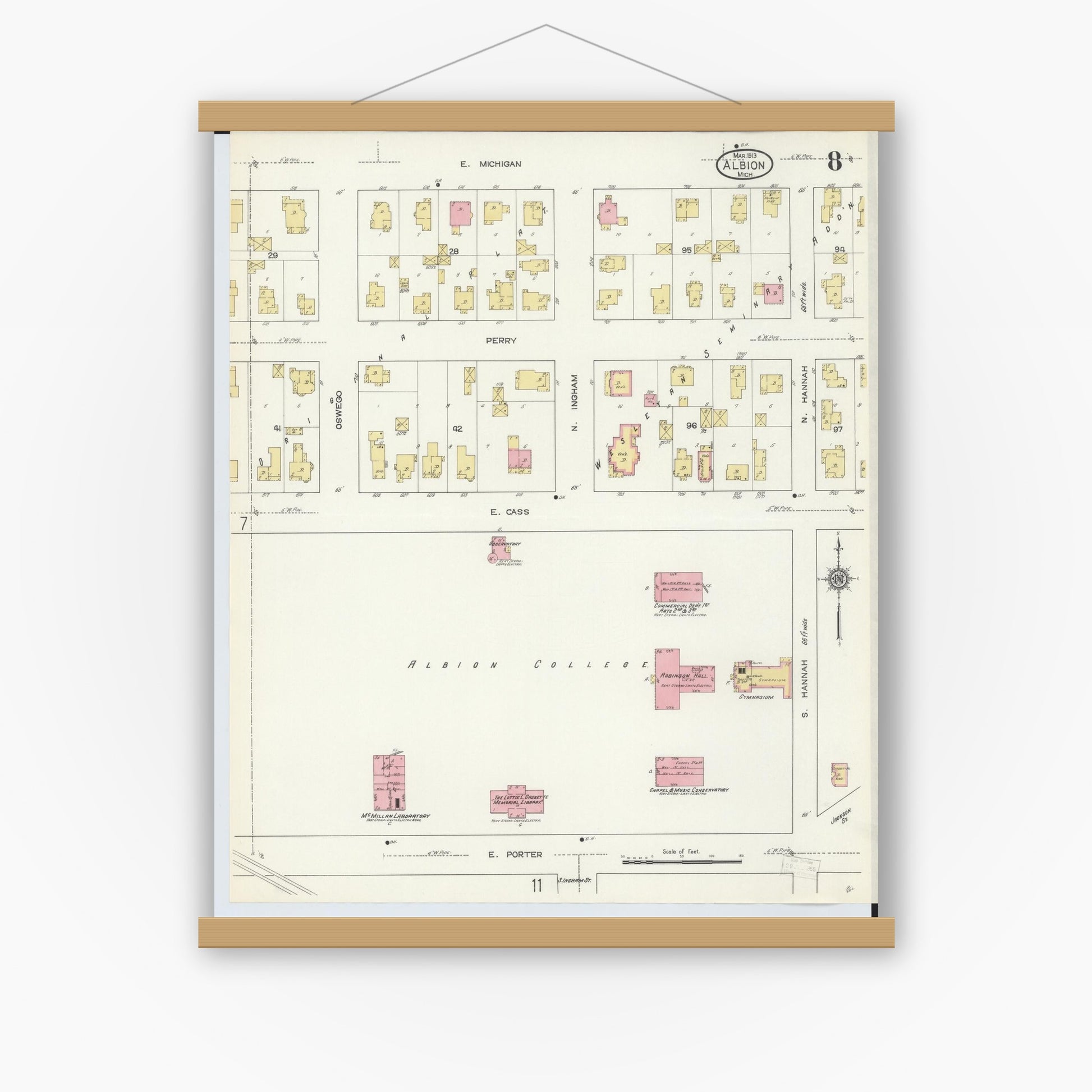 Old map wall art mockup — magnetic wood frame on white wall — Sanborn Fire Insurance Map from Albion, Calhoun County, Michigan (1913), Sheet #0008