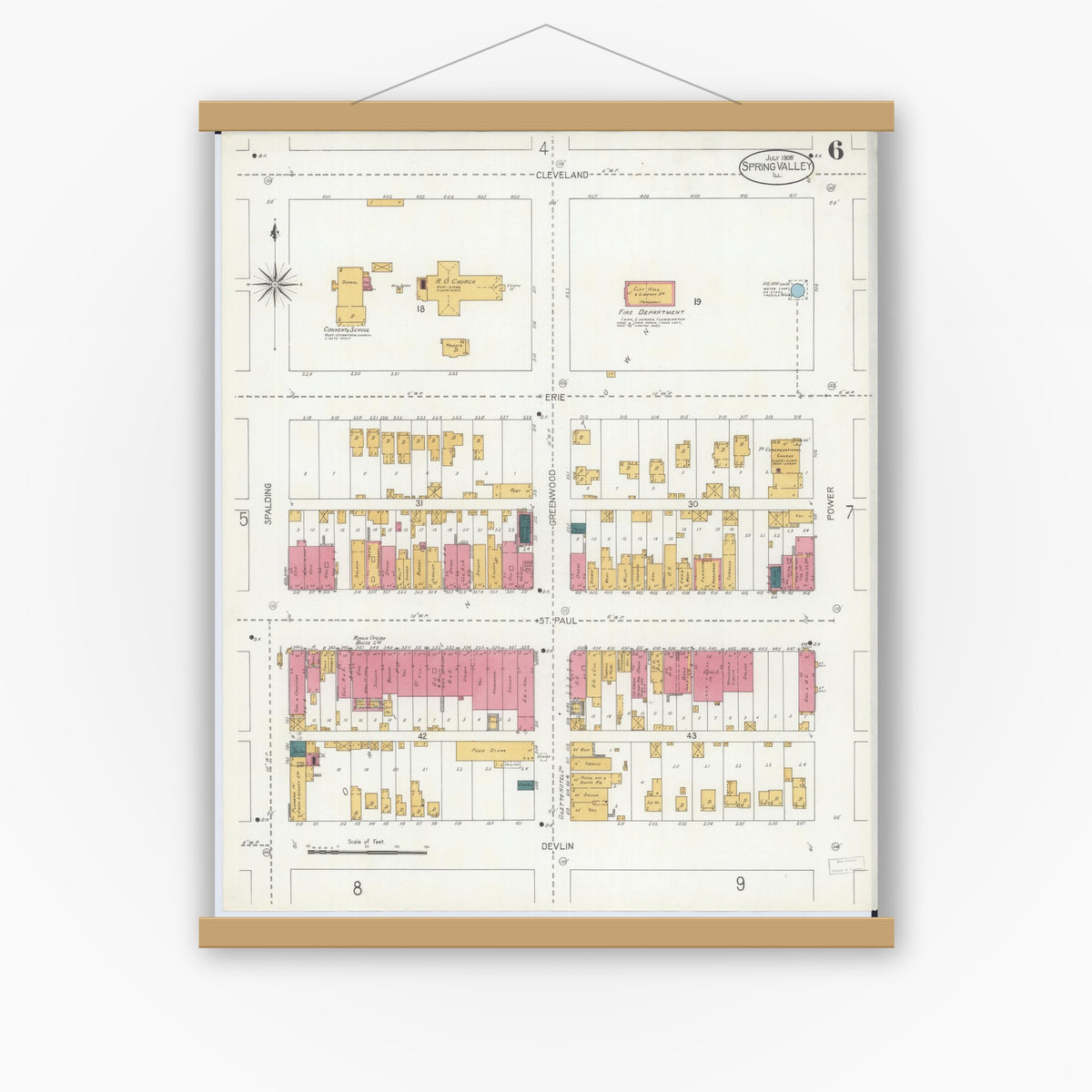 Old map wall art mockup — magnetic wood frame on white wall — Sanborn Fire Insurance Map from Spring Valley, Bureau County, Illinois (1906), Sheet #0006
