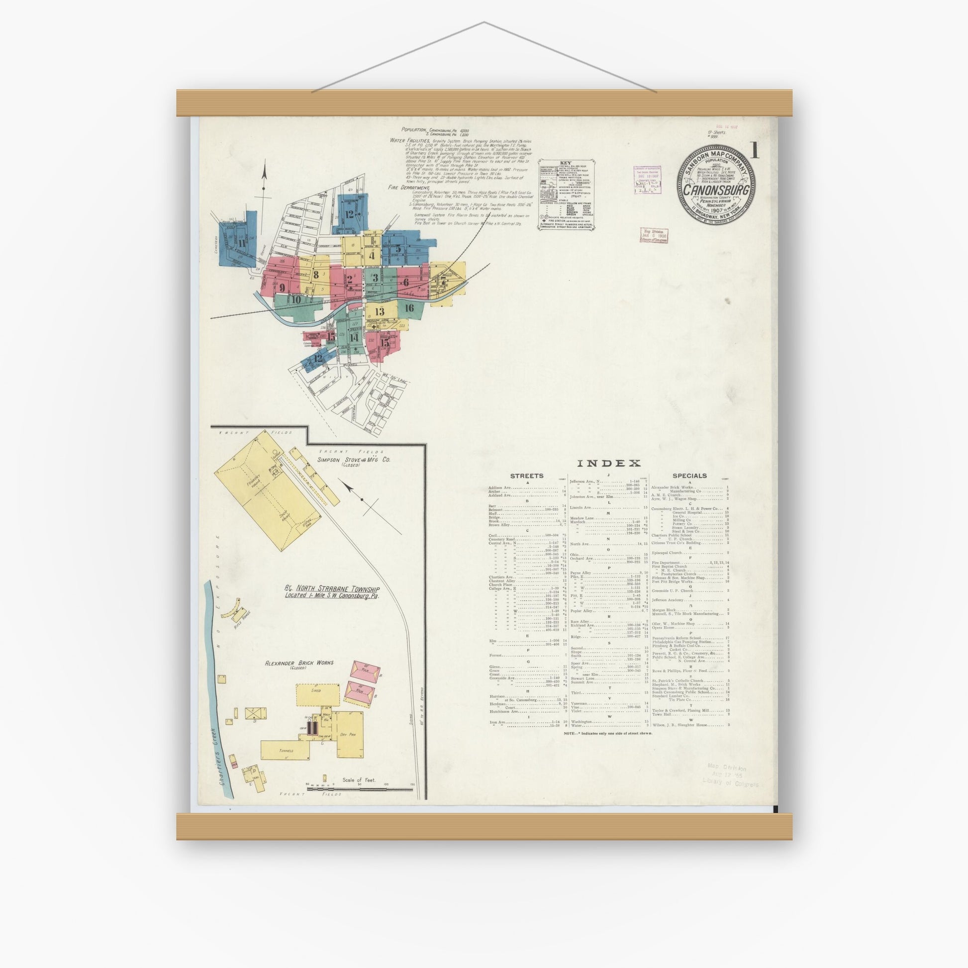 Old map wall art mockup — magnetic wood frame on white wall — Sanborn Fire Insurance Map from Canonsburg, Washington County, Pennsylvania (1907) - Complete Map Set