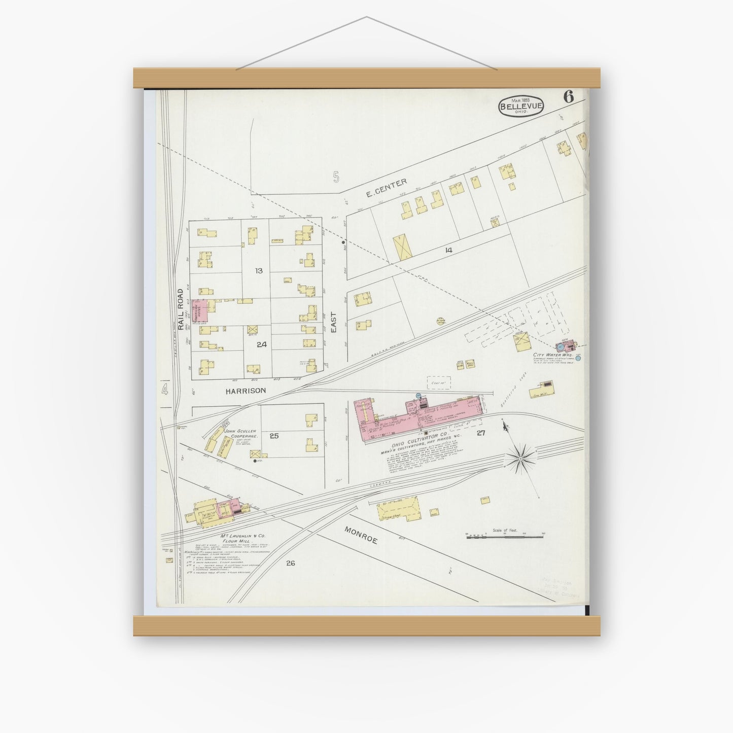 Old map wall art mockup — magnetic wood frame on white wall — Sanborn Fire Insurance Map from Bellevue, Huron And Sandusky County, Ohio (1893), Sheet #0006