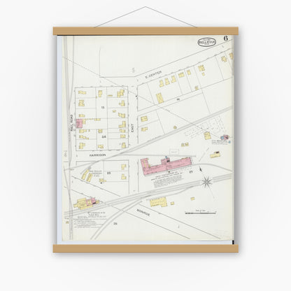 Old map wall art mockup — magnetic wood frame on white wall — Sanborn Fire Insurance Map from Bellevue, Huron And Sandusky County, Ohio (1893), Sheet #0006