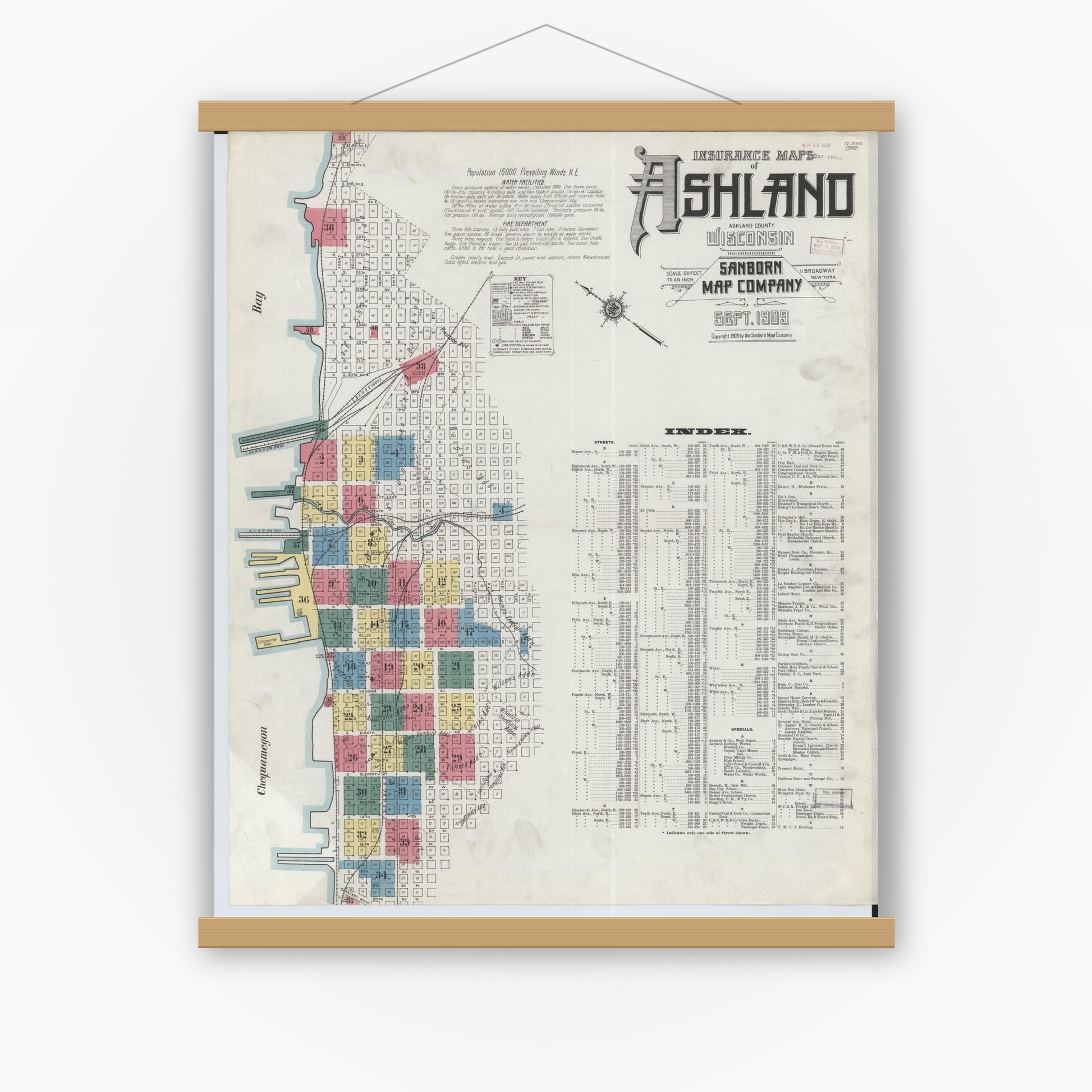 Old map wall art mockup — magnetic wood frame on white wall — Sanborn Fire Insurance Map from Ashland, Ashland County, Wisconsin (1909) - Complete Map Set