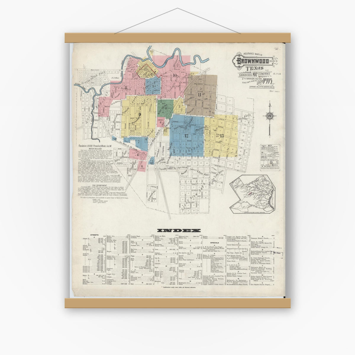 Old map wall art mockup — magnetic wood frame on white wall — Sanborn Fire Insurance Map from Brownwood, Brown County, Texas (1915) - Complete Map Set
