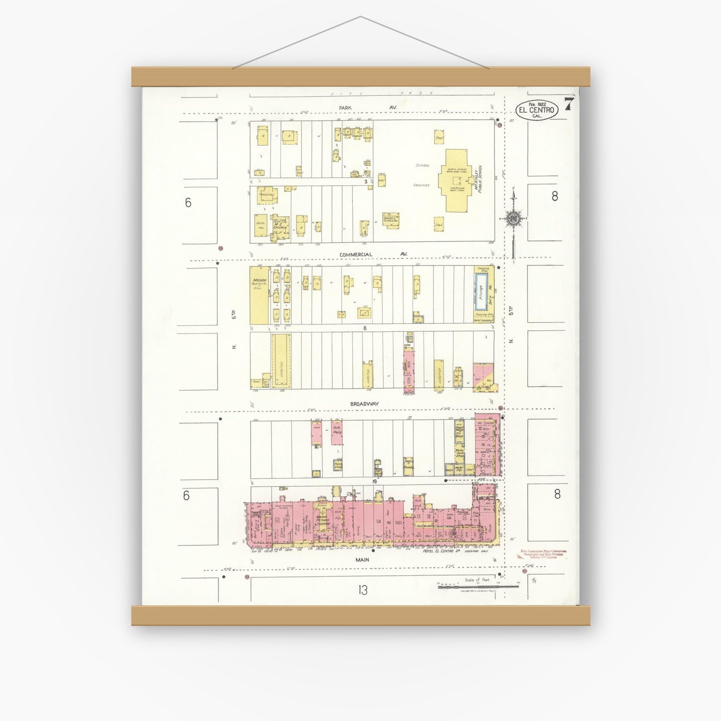 Old map wall art mockup — magnetic wood frame on white wall — Sanborn Fire Insurance Map from El Centro, Imperial County, California (1922), Sheet #0007