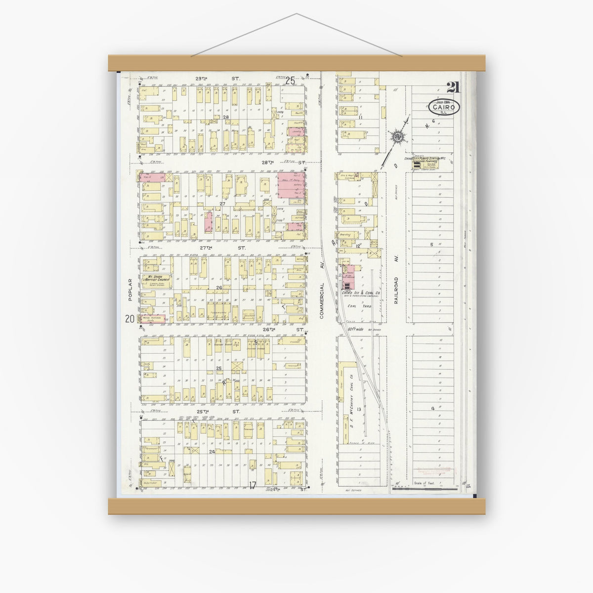Old map wall art mockup — magnetic wood frame on white wall — Sanborn Fire Insurance Map from Cairo, Alexander County, Illinois (1914), Sheet #0021