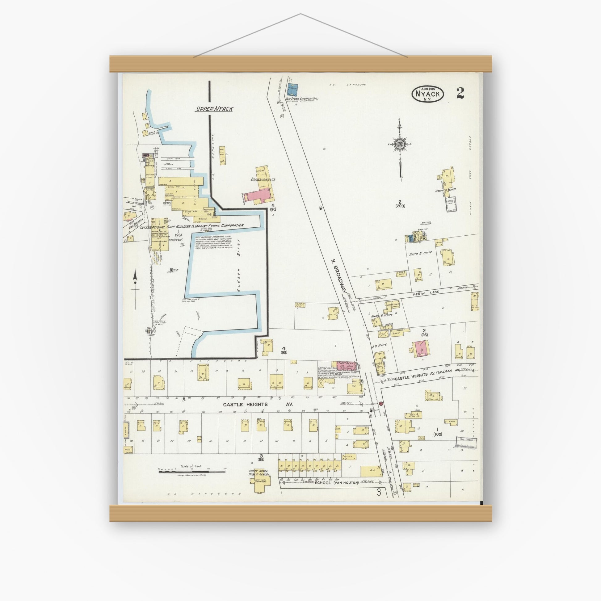 Old map wall art mockup — magnetic wood frame on white wall — Sanborn Fire Insurance Map from Nyack, Rockland County, New York. (1919), Sheet #0002