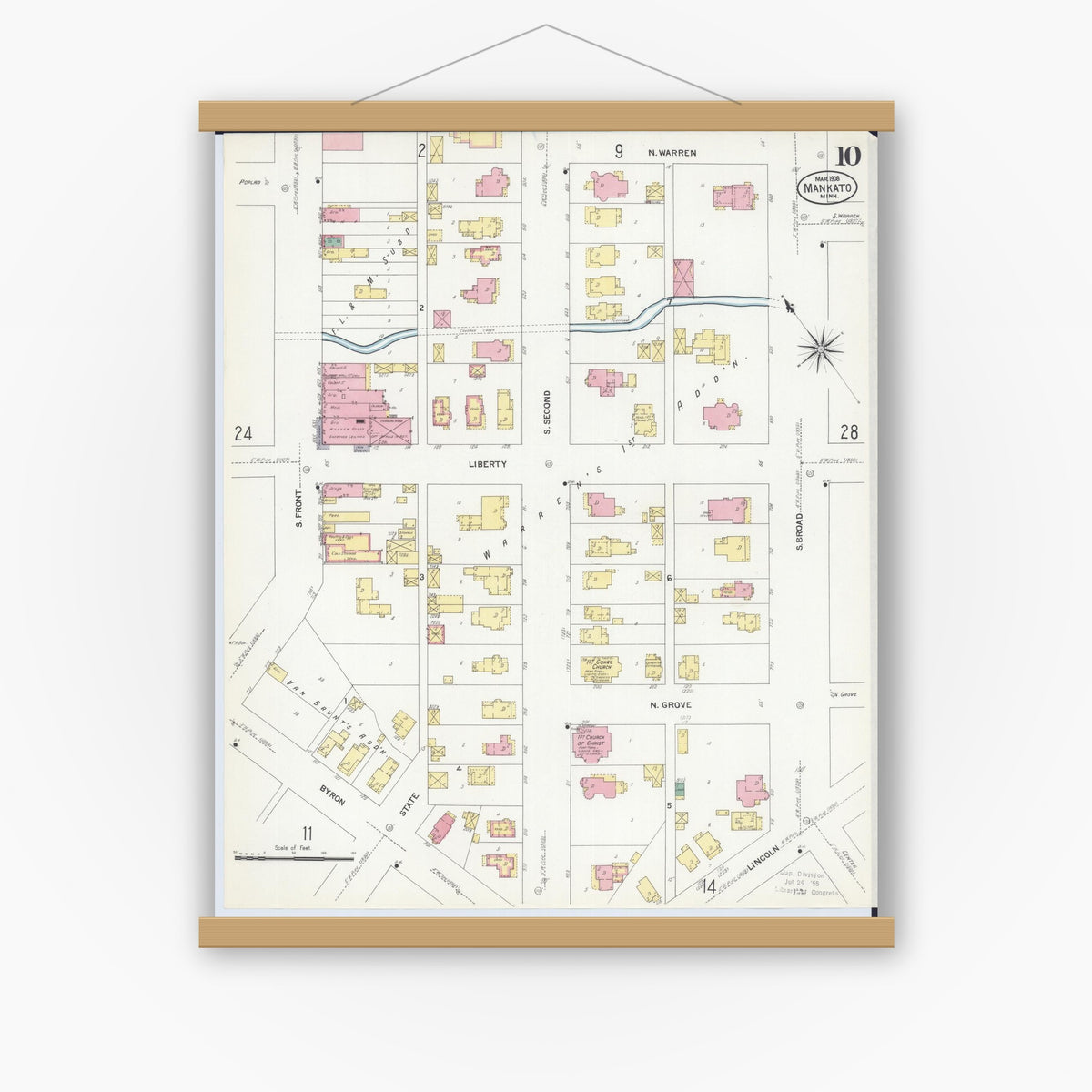 Old map wall art mockup — magnetic wood frame on white wall — Sanborn Fire Insurance Map from Mankato, Blue Earth County, Minnesota (1908), Sheet #0010
