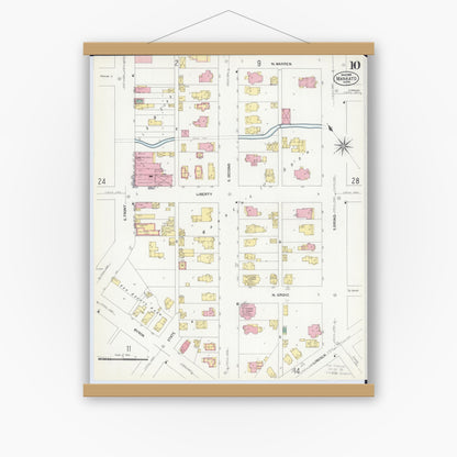 Old map wall art mockup — magnetic wood frame on white wall — Sanborn Fire Insurance Map from Mankato, Blue Earth County, Minnesota (1908), Sheet #0010