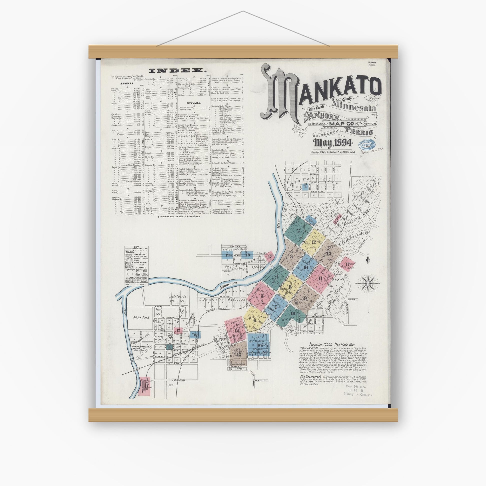 Old map wall art mockup — magnetic wood frame on white wall — Sanborn Fire Insurance Map from Mankato, Blue Earth County, Minnesota (1894) - Complete Map Set