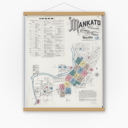 Old map wall art mockup — magnetic wood frame on white wall — Sanborn Fire Insurance Map from Mankato, Blue Earth County, Minnesota (1894) - Complete Map Set
