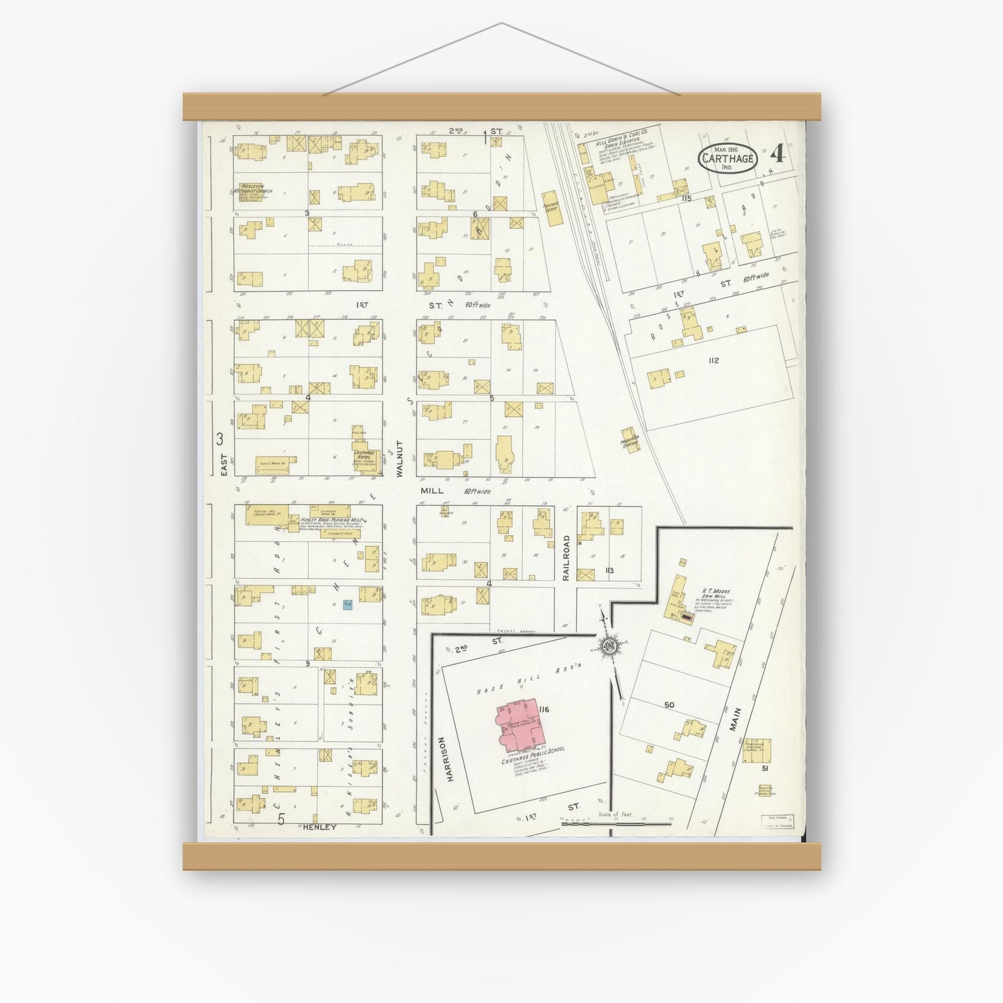 Old map wall art mockup — magnetic wood frame on white wall — Sanborn Fire Insurance Map from Carthage, Rush County, Indiana (1916), Sheet #0004