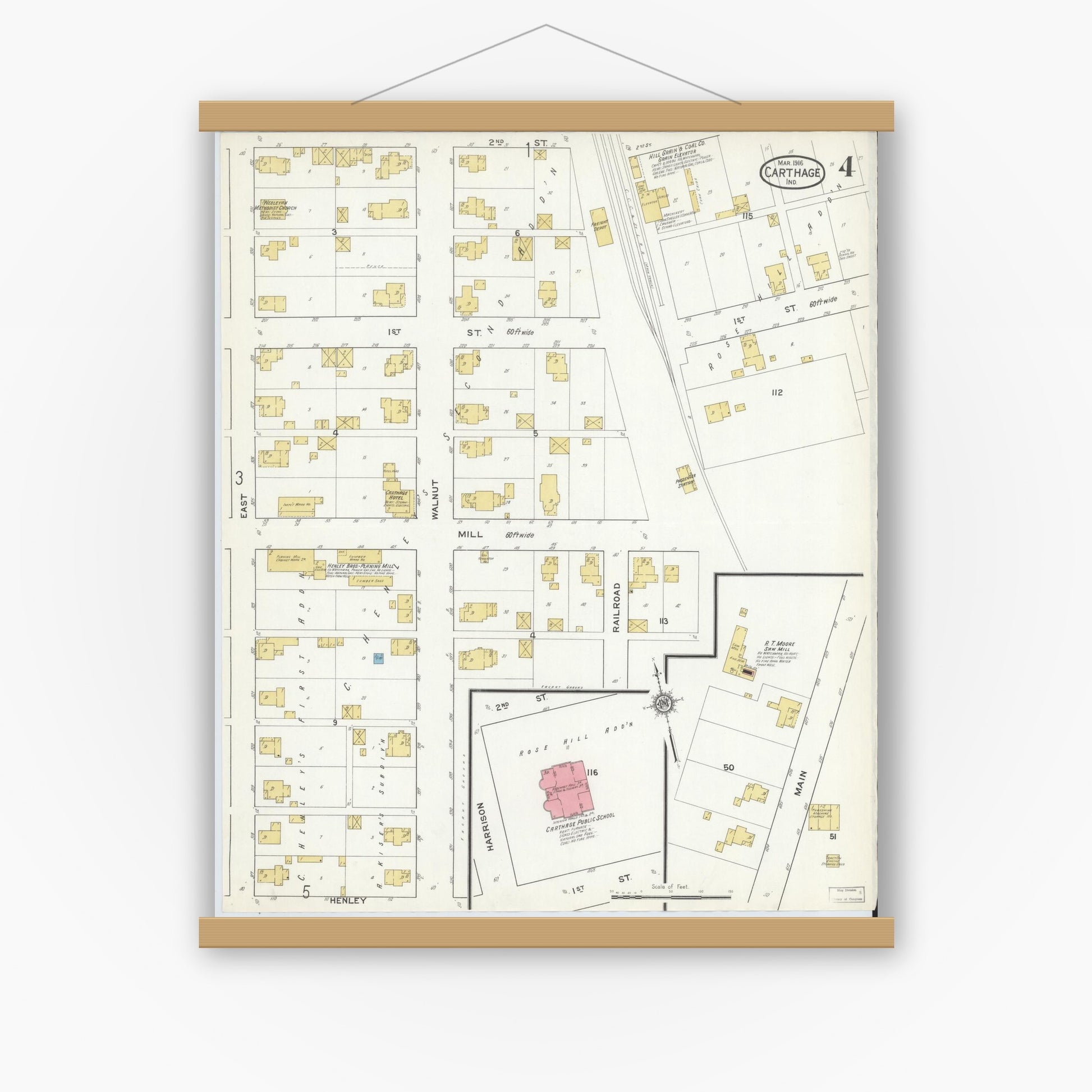 Old map wall art mockup — magnetic wood frame on white wall — Sanborn Fire Insurance Map from Carthage, Rush County, Indiana (1916), Sheet #0004