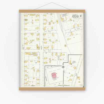 Old map wall art mockup — magnetic wood frame on white wall — Sanborn Fire Insurance Map from Carthage, Rush County, Indiana (1916), Sheet #0004